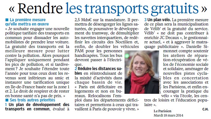 Danielle Simonet, candidate du Front de Gauche : Rendre les transports gratuits, baisser les loyers de 20 %, obtenir de nouveaux effectifs (Le Parisien) Rendre10