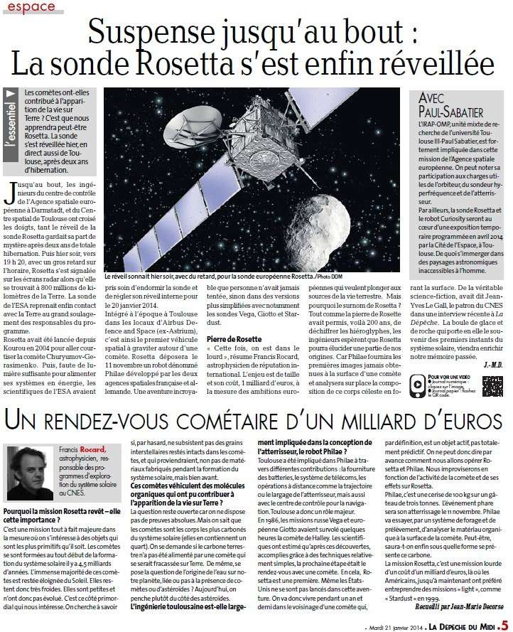 La sonde Rosetta s'est enfin réveillée (La Dépêche du Midi) Rosett10