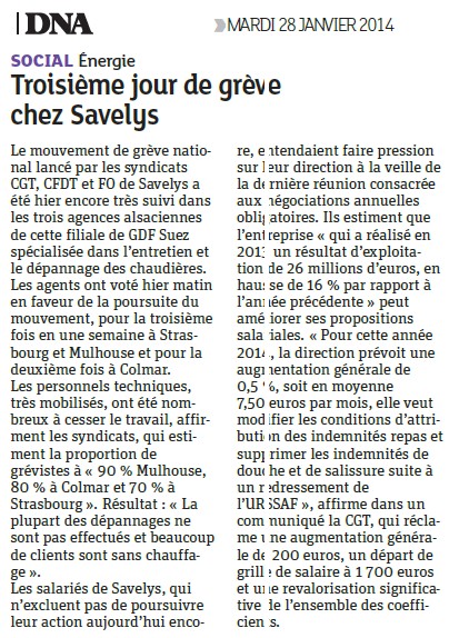 Troisième jour de grève chez Savelys (Dernières Nouvelles d'Alsace) + Bron.Grève pour les salaires chez Savelys, filiale de GDF Suez (Le Progrès de Lyon) Savely11