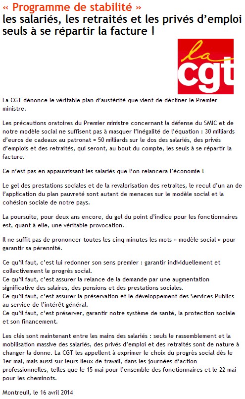 « Programme de stabilité » les salariés, les retraités et les privés d’emploi seuls à se répartir la facture ! (CGT) Stabil11