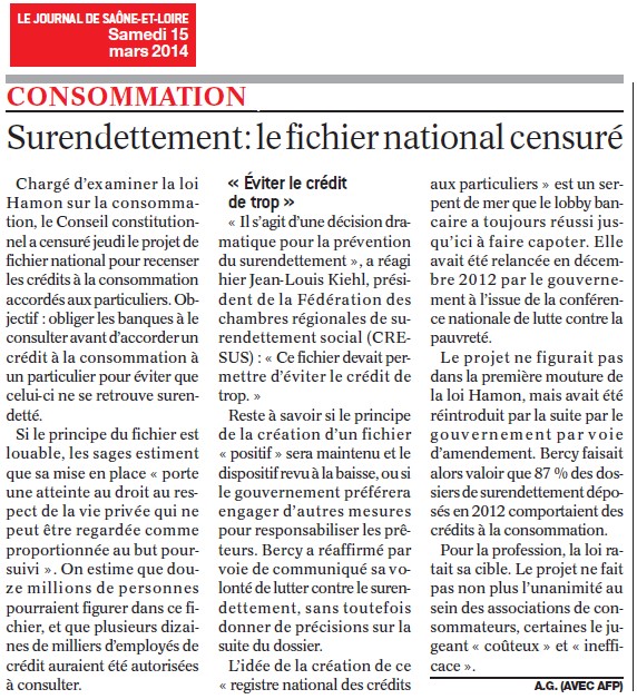 Surendettement : le fichier national censuré (Le Journal de Saône-et-Loire) Surend10