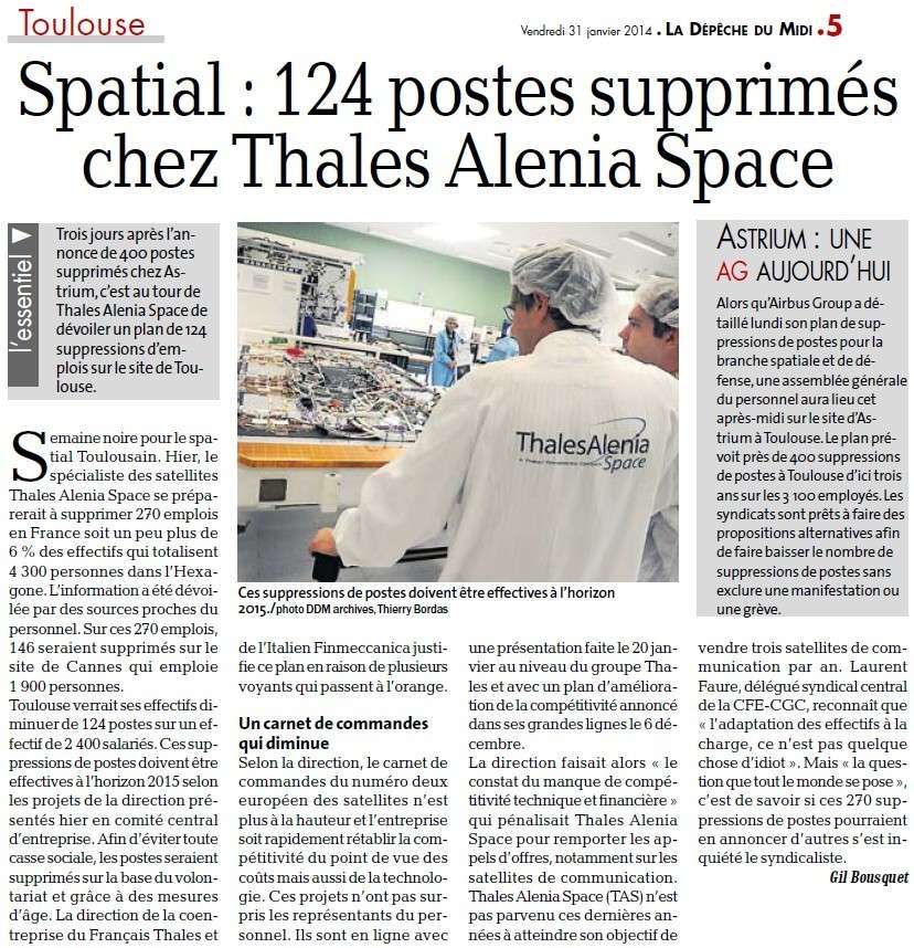 Toulouse. Spatial : 124 postes supprimés chez Thales Alenia Space (La Dépêche du Midi) Thales10