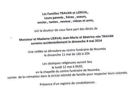 Lundi 12 mai : Obsèques de Jean Marie et Béatrice, cimetière du 4ème km 312