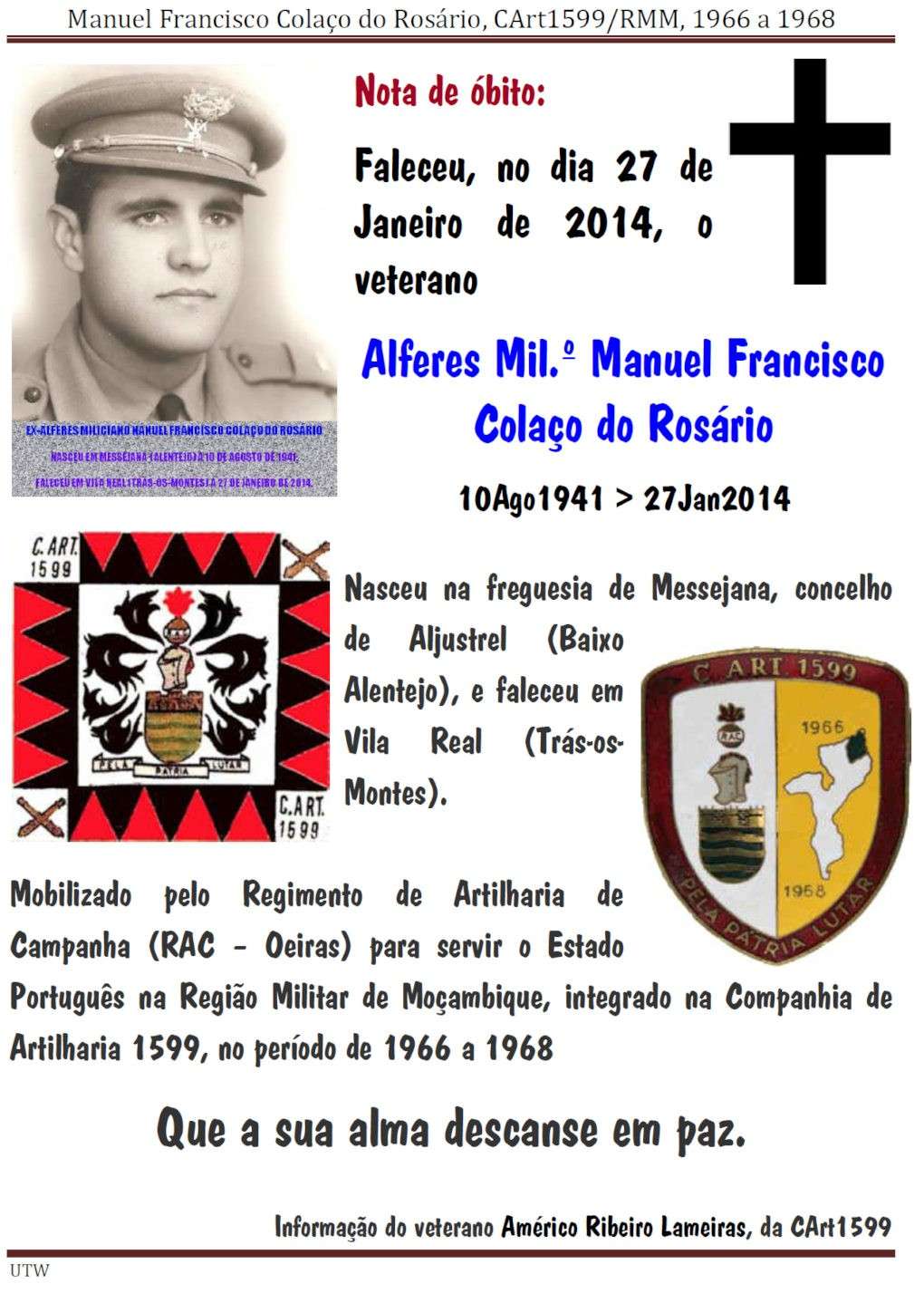 Faleceu o veterano Manuel Francisco Colaço do Rosário - Alferes Mil.º, CArt1599 - 27Jan2014 Manuel10