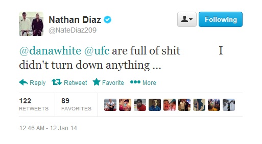 Dana White- "Nate Diaz turned the (Nurmagomedov) fight down". Nate Diaz- "Dana is full of shit". Diaztw10