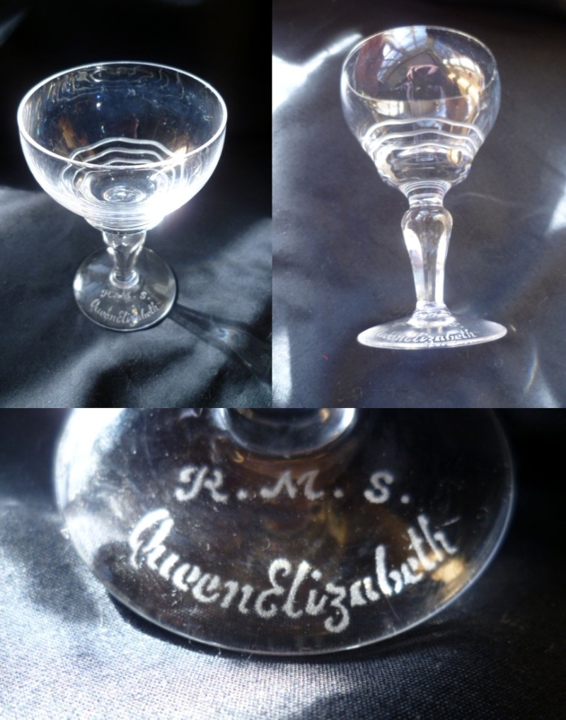 Cut design champagne glass etched R.M.S. Queen Elizabeth to base Aglass10