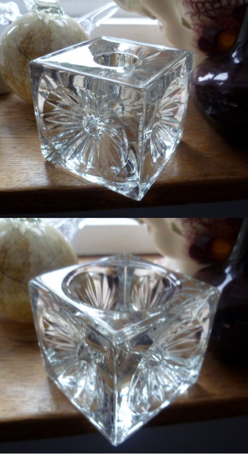 Clear glass cube votive with Chrysanth flower pattern Cube10