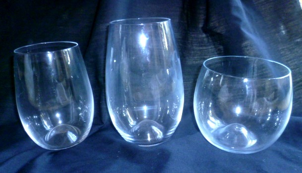 Contemporary Dartington Stemless glasses with dimple base - Riedel 'O' like P1050110