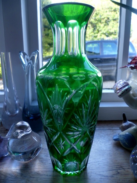 Czech Bohemia green cut glass vase P1050910