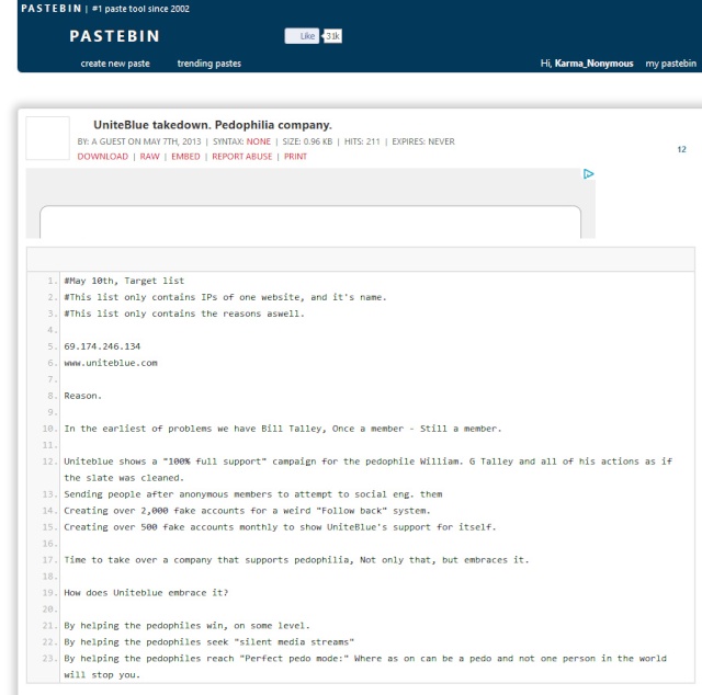 UniteBlue Website takedown threat from pastebin May 7th 198_sc11