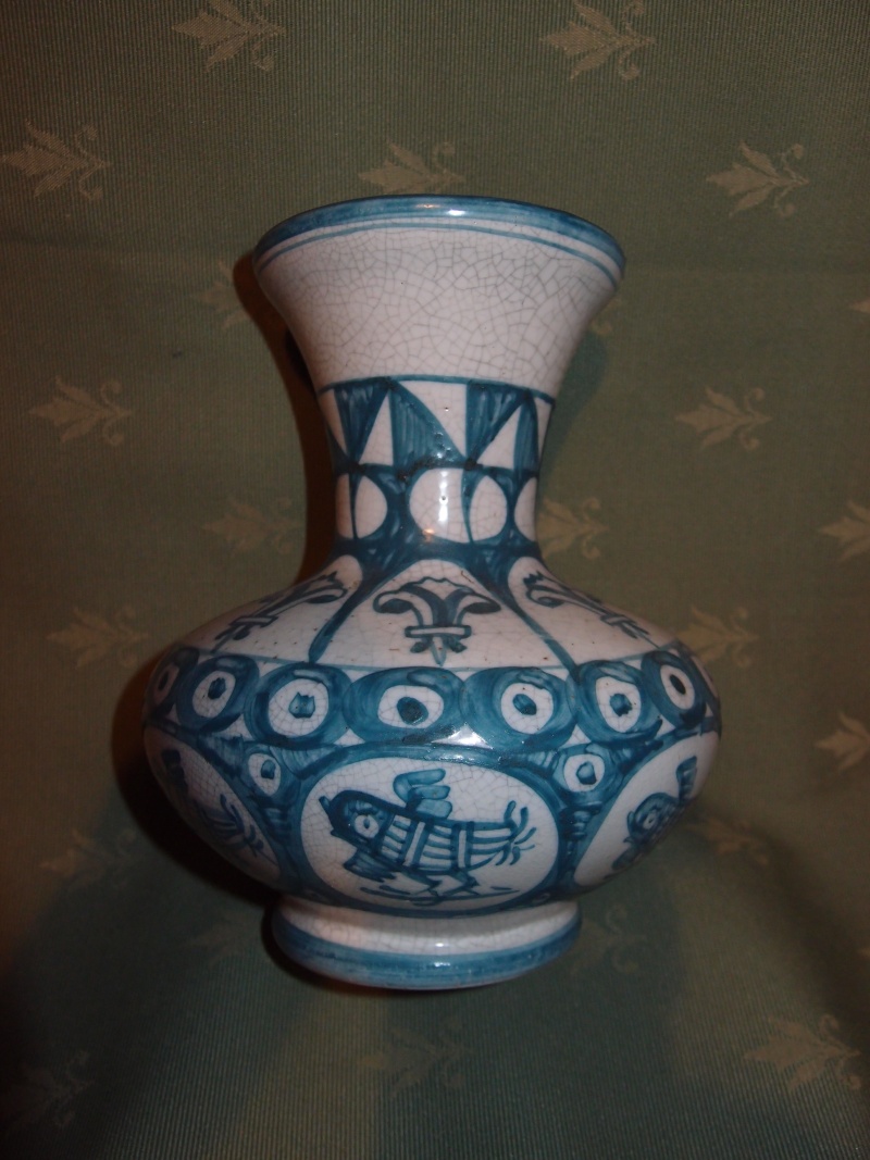 Vase émail craquelé décor bleu oiseaux et fleurs de lys - Cerámica Valenciana Benllochenllochl  Espagne Pc045518