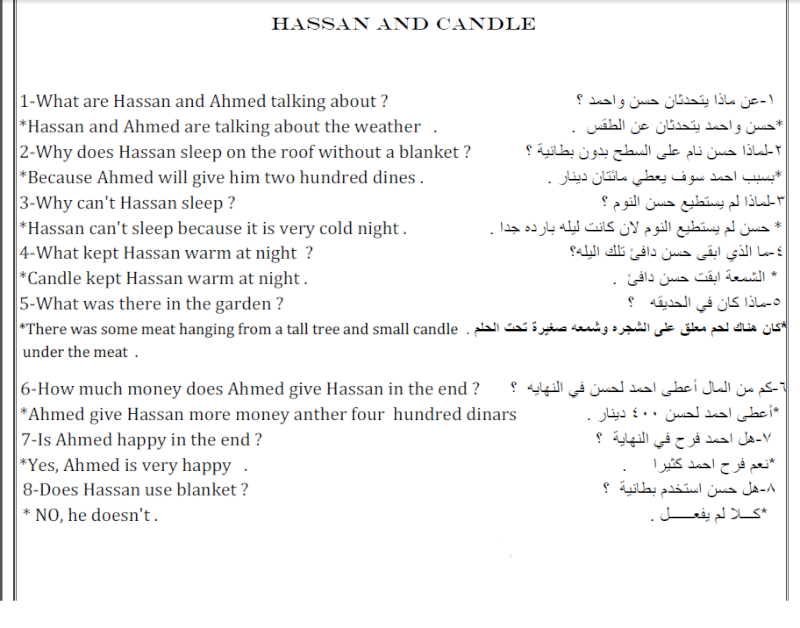 الاسئلة والاجوبة عن قطعة Hassan and candle للسادس الابتدائي 1432014 Ouooou10