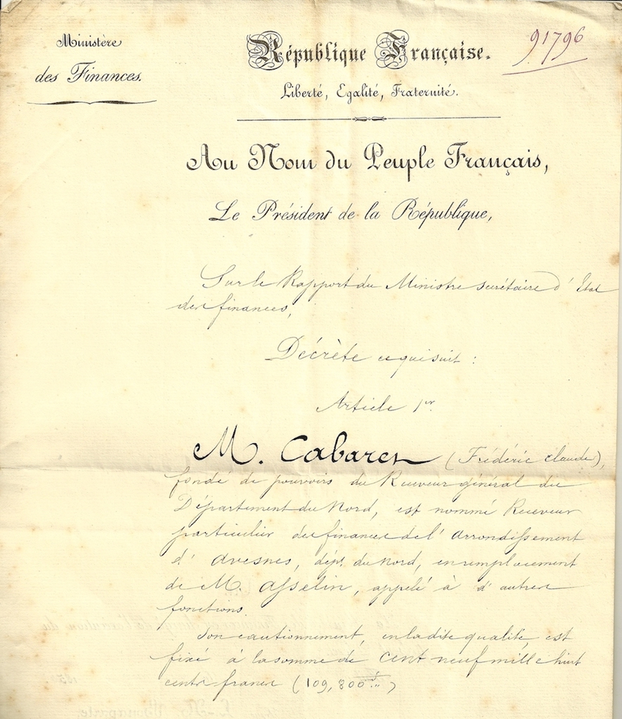 1850, franchise du ministère des finances F111