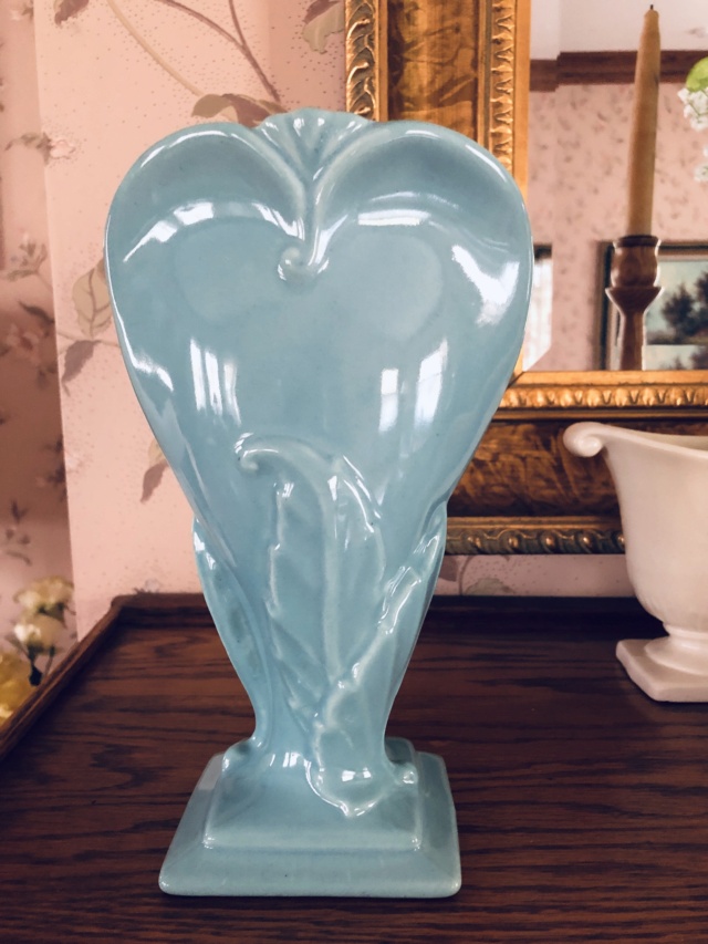 Unusual Sky Blue Glossy Vase with Leaves. American Art Pottery? Blue_v11