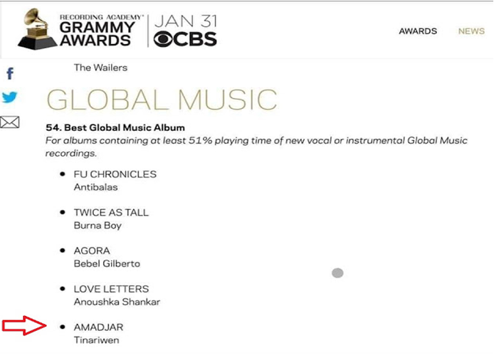 الفرقة الموسيقية الأمازيغية تيناريوين ضمن المرشحين لنيل الجائزة العالمية الكبرى للموسيقى Grammy Awards ـ Ooaoio11