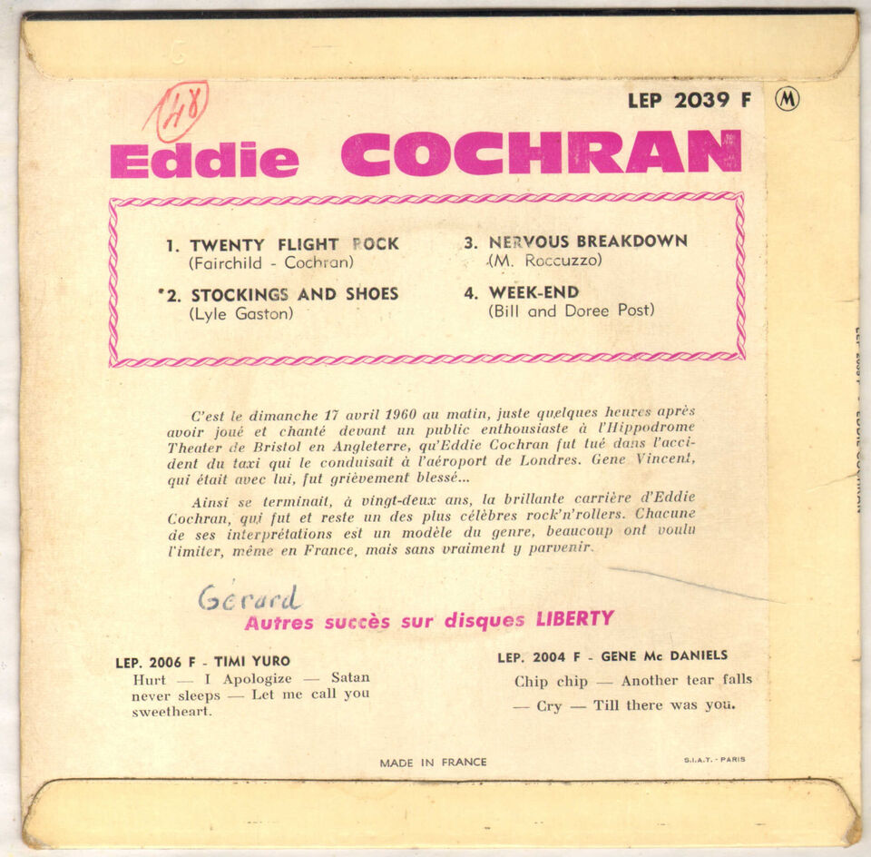 Eddie Cochran "THE UNFORGETTABLE" - Twenty flight Rock - Stockings and shoes - Nervous breackdown - Week-end - EP 1962 LIBERTY LEP 2039 S-l96036