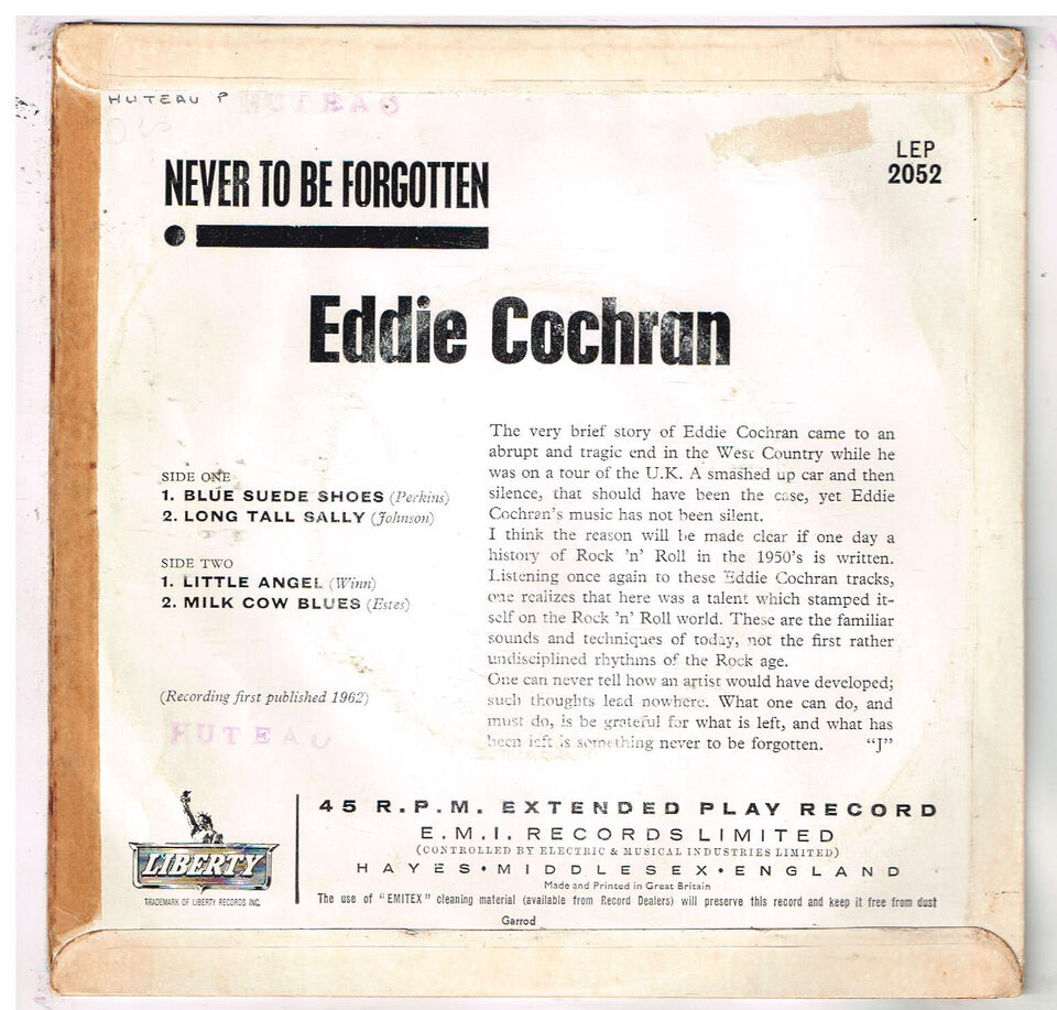 Eddie Cochran "Never to be forgotten"- Blue suede shoes - Long tall Sally - Little angel - Milk cow blues - Liberty  LEP 2052 S-l96038