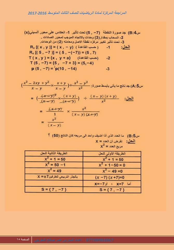 المراجعة المركزة لمادة الرياضيات للصف الثالث المتوسط 2018  2512