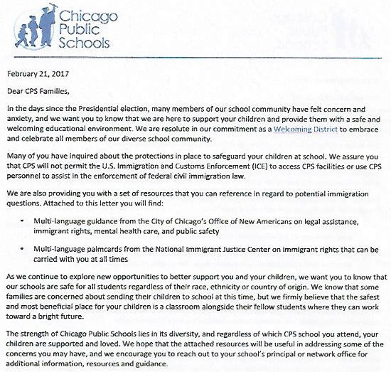 THE MOST IMPORTANT NEWS - IN LETTER SENT HOME TO ALL PARENTS, CHICAGO PUBLIC SCHOOLS PROMISE TO OBSTRUCT "THE ENFORCEMENT OF FEDERAL CIVIL IMMIGRATION LAW" Chicag10