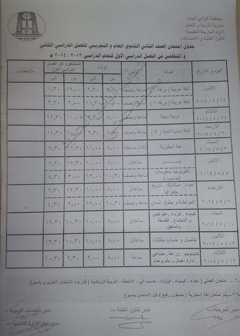 جداول امتحانات جميع الصفوف نهاية العام 2014 الوادى الجديد 2_o11