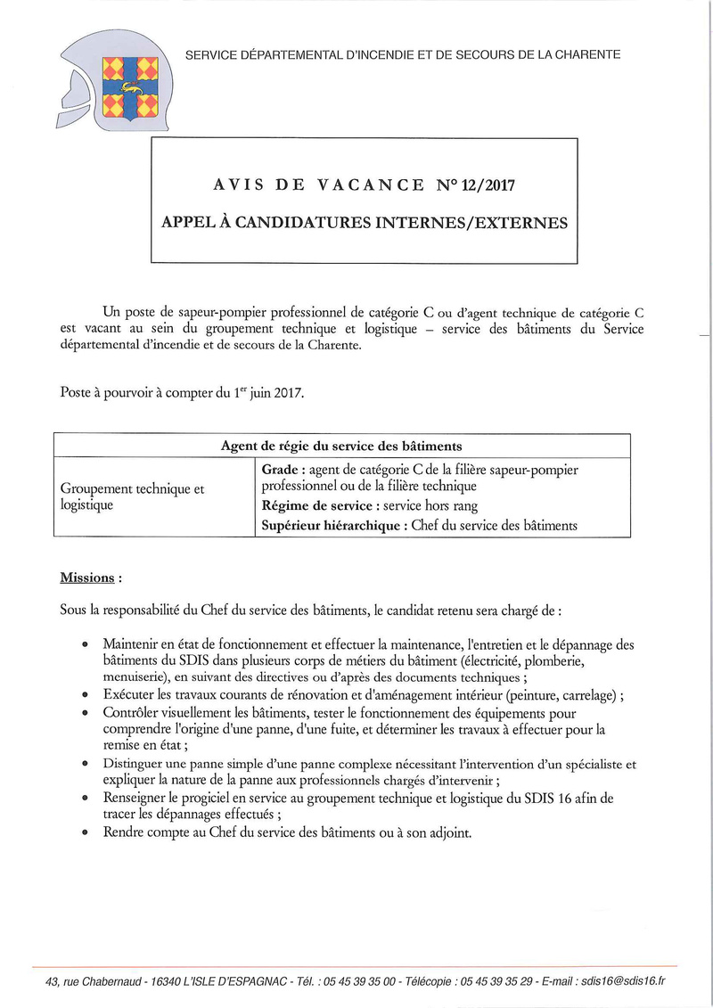 Offre d'emploi SDIS 16 Agent_13