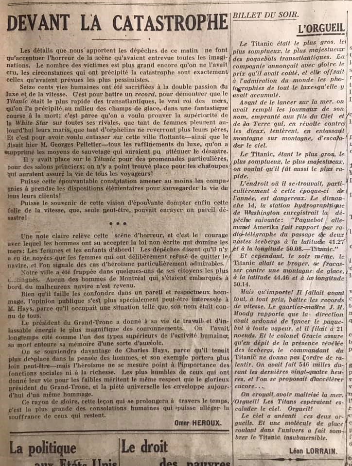 Le naufrage du Titanic fait la une des journaux - Page 4 Devoi131