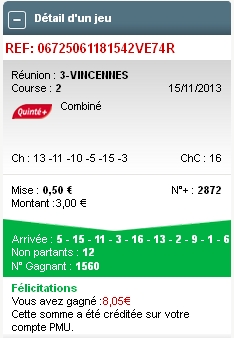 15/11/2013 --- PARIS-VINCENNES --- R3C2 --- Mise 9 € => Gains 8,05 € Screen88