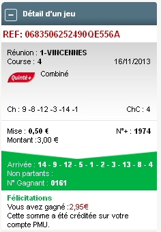 16/11/2013 --- PARIS-VINCENNES --- R1C4 --- Mise 9 € => Gains 2,95 € Screen92