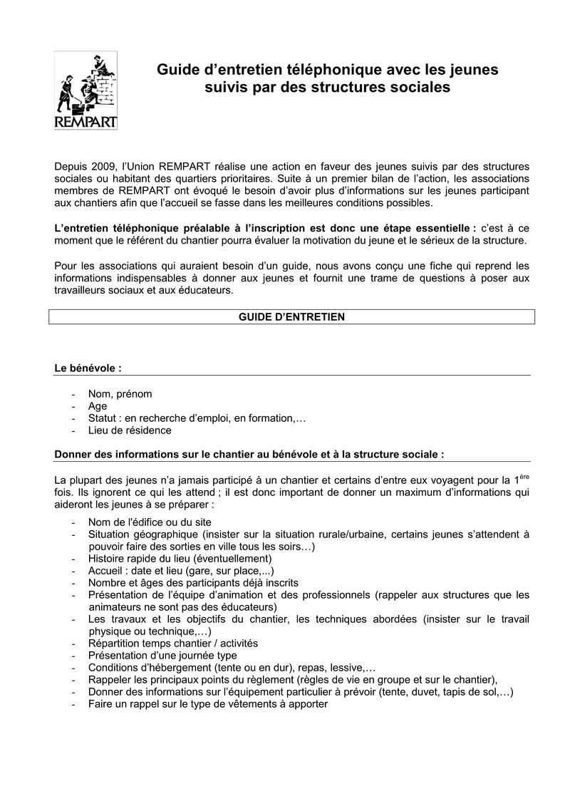 La lettre de REMPART n°352, mars 2017  Feuilles de route et fiche d'entretien téléphonique avec les jeunes 129