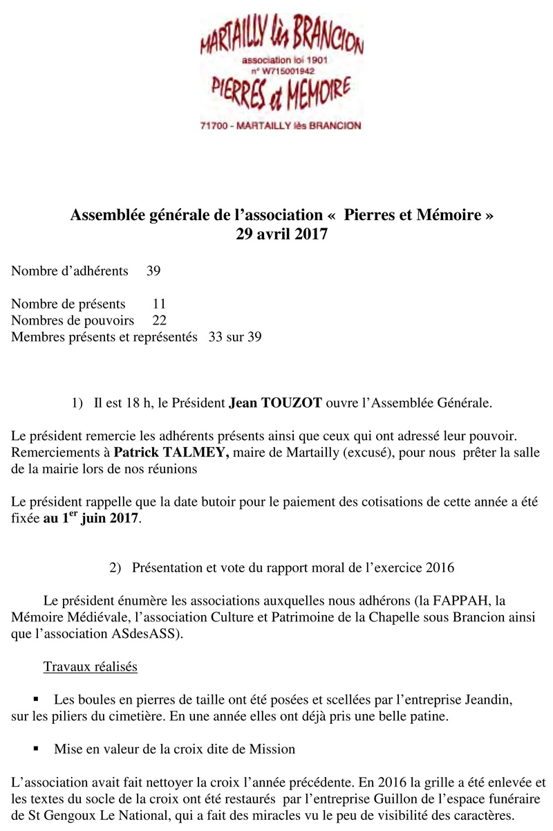 Pierres et Mémoire Compte rendu de l'assemblée générale du samedi 29 avril 147