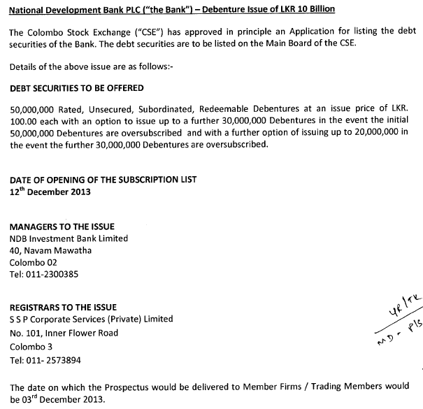 NDB Debenture Issue Ndb10