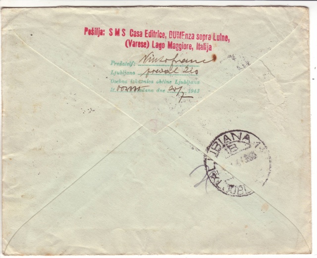 Cachet " P.S.S.D." sur lettre de Ljubljana de janvier 1944 avec données de l'expéditeur. 1d001510