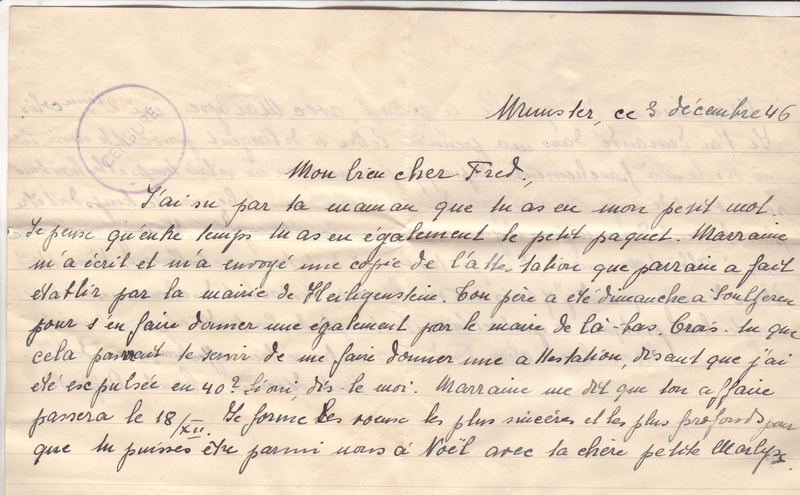 Lettre de Munster (68) du 04.12.1946 pour Toulouse avec contenu censuré!?! 3005311