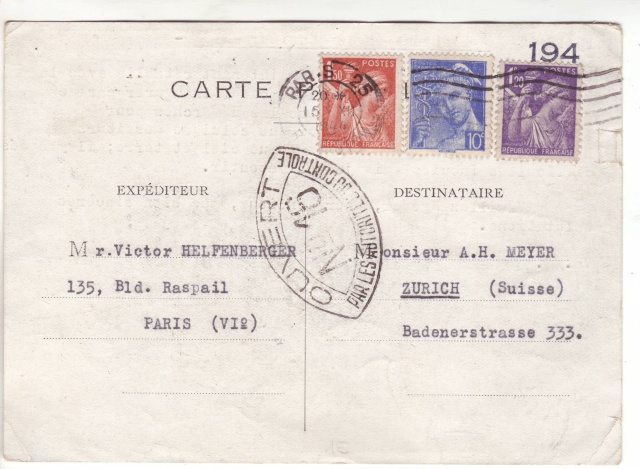 Lettre de Wengen (CH) du 14.08.1944 pour St. Julien en Genèvois avec censure "n" de Nancy. 4001710