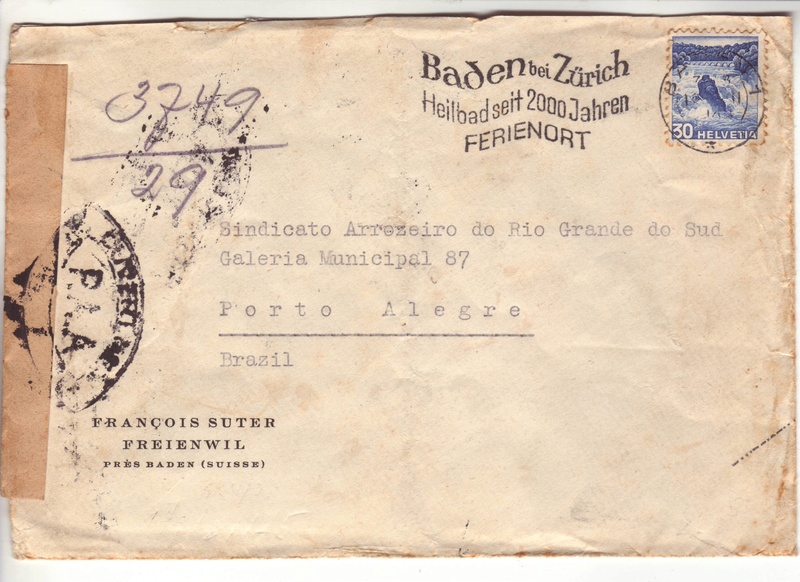 Lettre de Baden (CH) pour Porto Alegre (Brésil) avec double censure de Paris !! 4002510