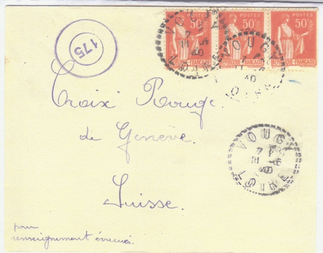 Cachet circulaire double cercle "175" sur lettre de la France pour le CICR. _1000414