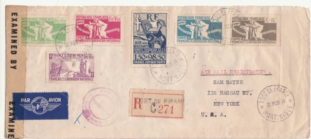 Série C.F.L.N. sur lettre de Fort de France du dernier jour 31.03.1944. _1001511