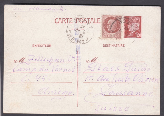 Cachet "CONTROLE AU CAMP DU VERNET" sur entier Pétain pour la Suisse _2f_0010