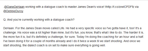 DANE DeHAAN WORKING WITH DIALECT COACH TO MASTER JAMES DEAN'S VOICE Life510