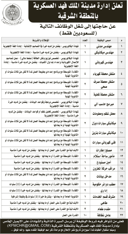 العديد من الوظائف المتنوعة في مدينة الملك فهد العسكرية Hhgs10