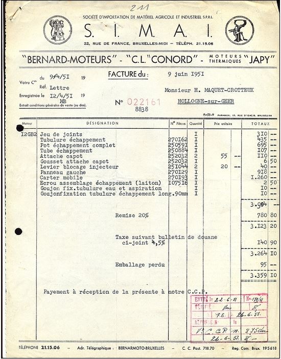 18 b- Les Moteurs BERNARD en BELGIQUE : SIMAI BRUXELLES Factur10