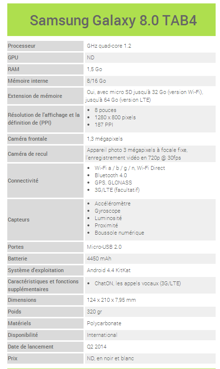 [Tab 4] Spécifications techniques de la Samsung Gamaxy Tab 4 - 8 pouces Specta11