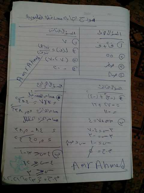 نموذج اجابة امتحان الرياضيات للصف السادس الابتدائي الترم الثاني 2017 محافظة القليوبية 1148