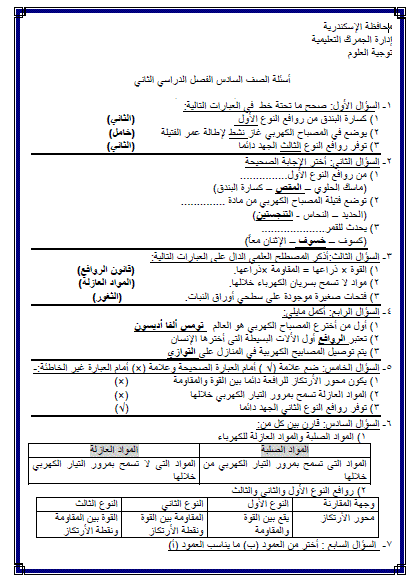 نموذج امتحان علوم مجاب للصف السادس الابتدائى تيرم ثاني 2017