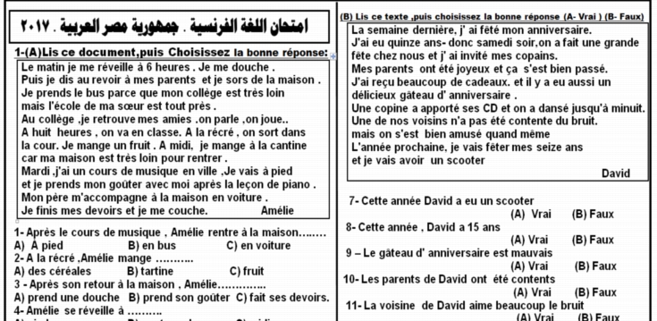 امتحان اللغة الفرنسية للثانوية العامة 2017 وورد فى ورقتين