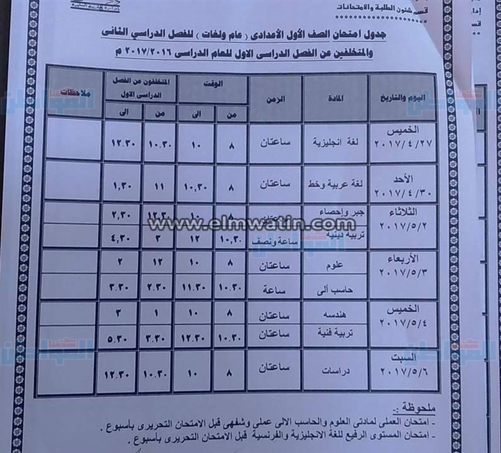   جداول امتحانات محافظة الوادي الجديد الترم الثاني 2017 15910