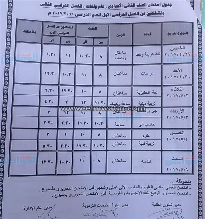   جداول امتحانات محافظة الوادي الجديد الترم الثاني 2017 16010