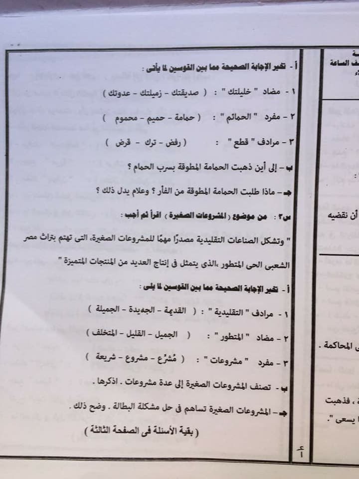 ورقة امتحان اللغة العربية + نموذج الاجابة للصف الثالث الاعدادي الترم الثاني 2017 محافظة القاهرة 2149