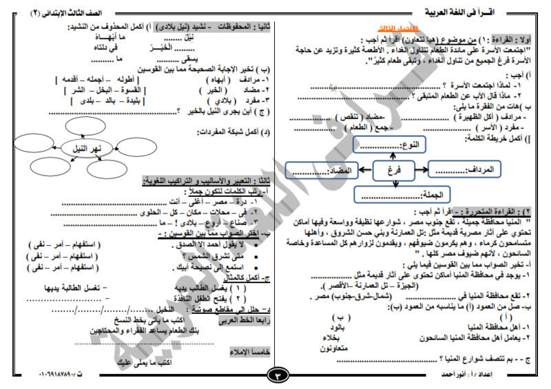 امتحانات لغة عربية طبقا للمحذوف للصف الثالث الابتدائى الترم الثانى 2017 2_00310