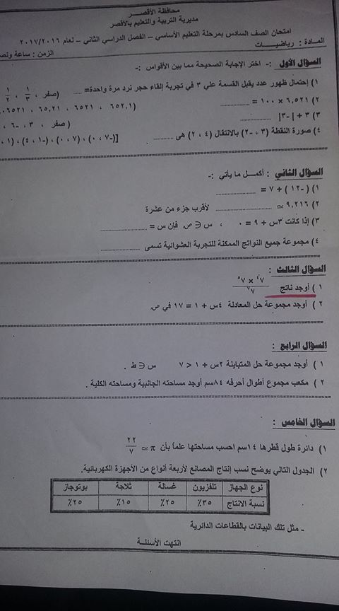 امتحان الرياضيات سادس ابتدائي ترم ثاني 2017 محافظة الاقصر 387
